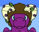 An image of the face of a purple anthropomorphic dragon facing towards the viewer, looking directly at them.